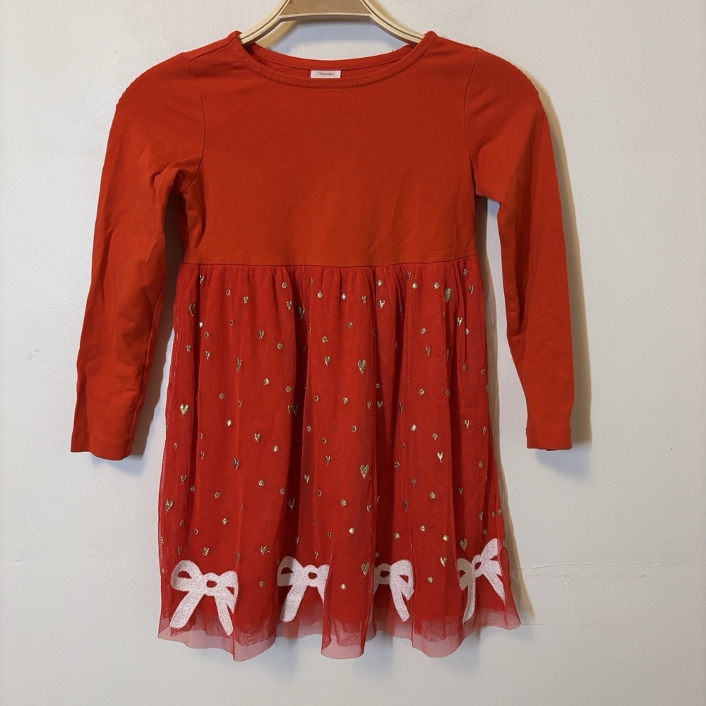 Hanna Andersson Girl Red Tulle Christmas Dress Bows Gold Hearts US 5